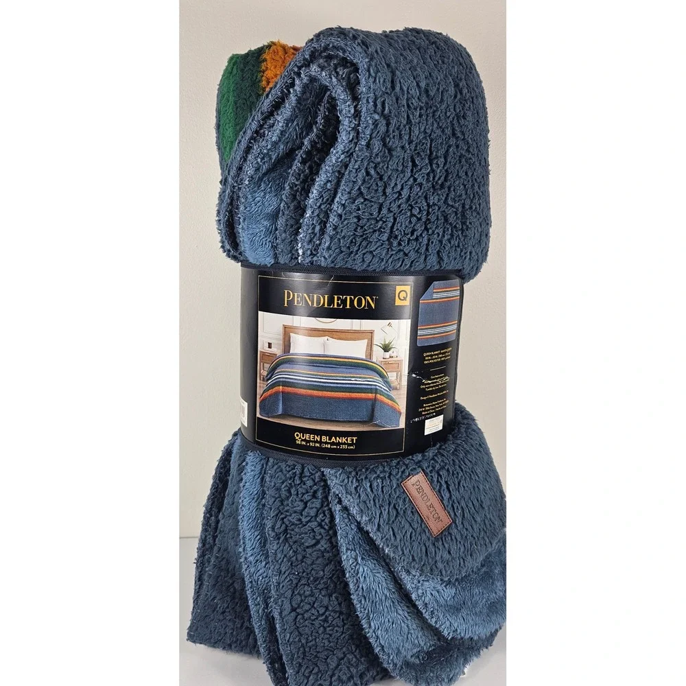 Pendleton Queen Sherpa Fleece Blanket Serape Stripe Blue Reversible 98x92